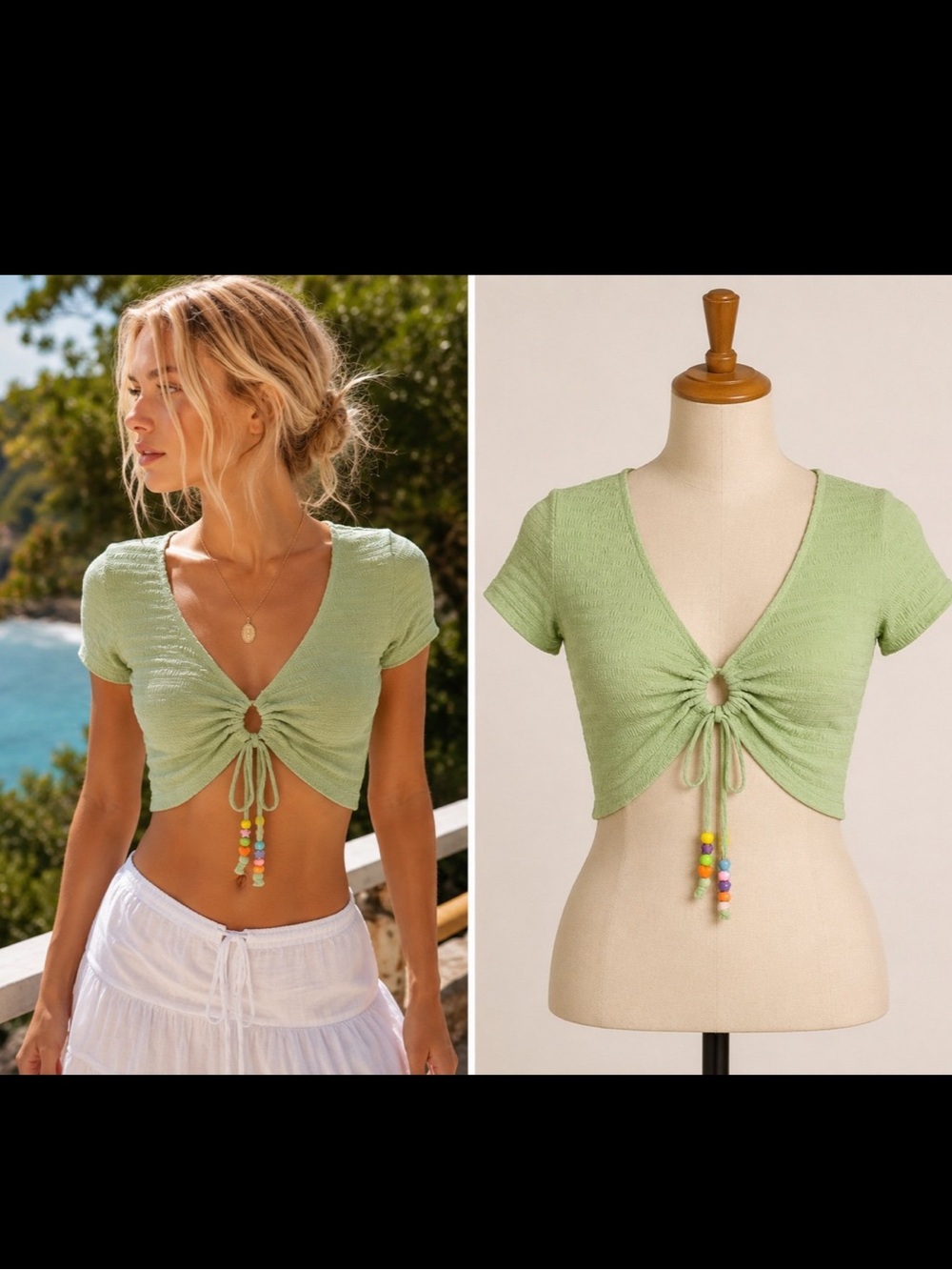 PAC by PacSun Sage Green Smocked Beaded Tie Front Crop Top Fairycore Y2K Size Sm